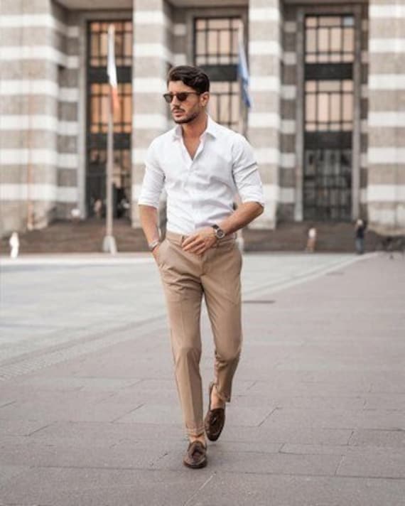 Men Elegant White Shirt Beige Trouser Office Wear Mens Formal