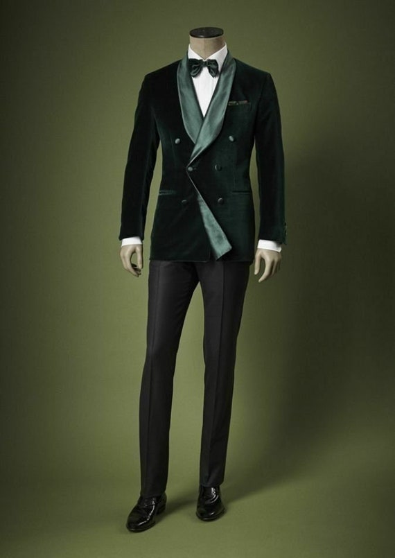 Green velvet suit for men, 2 piece suit with shawl lapel, double breasted suit for groom and groomsmen, elegant wear for men.