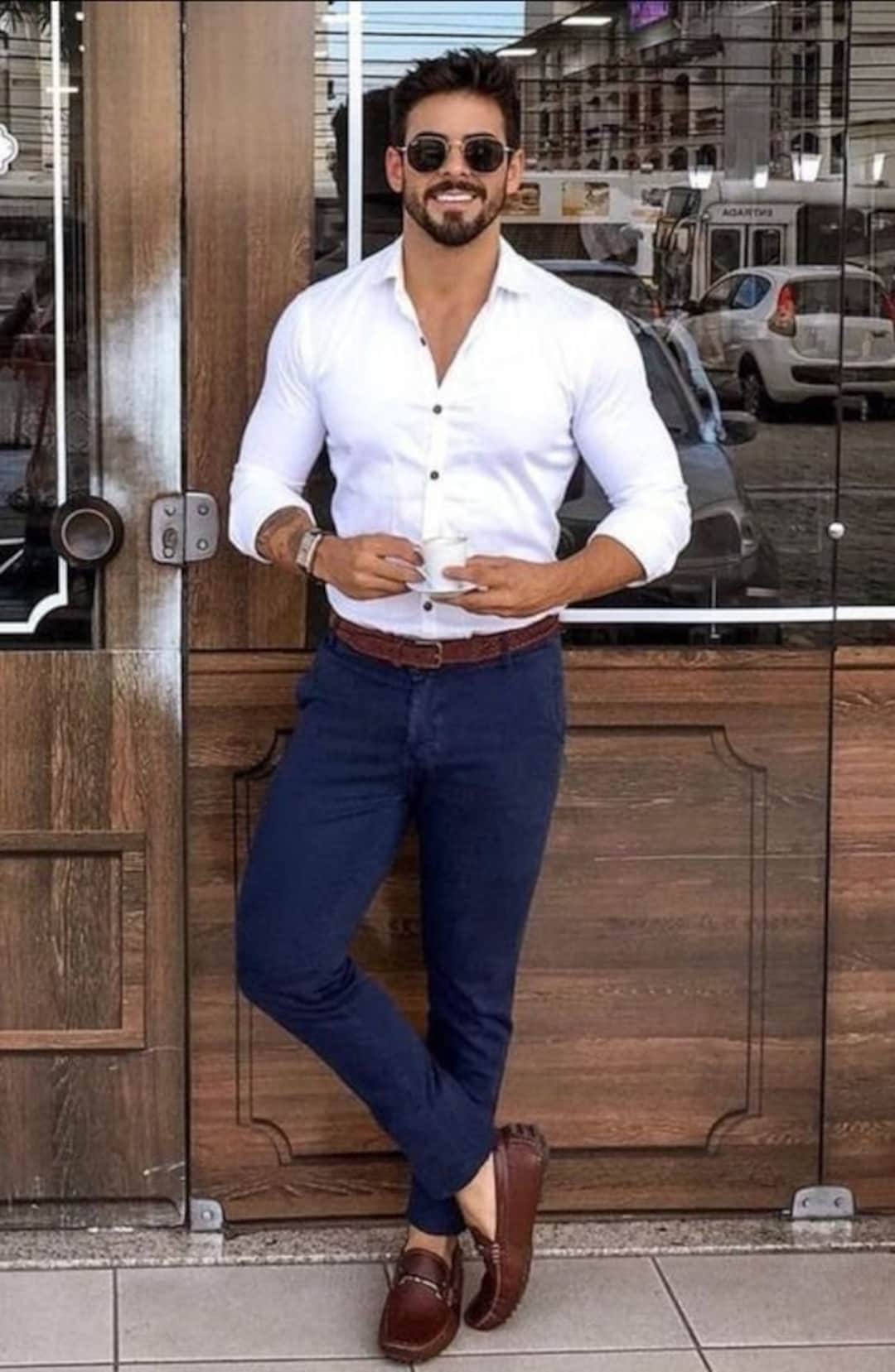 elegante camisa blanca pantalón azul oficina usar - Etsy España