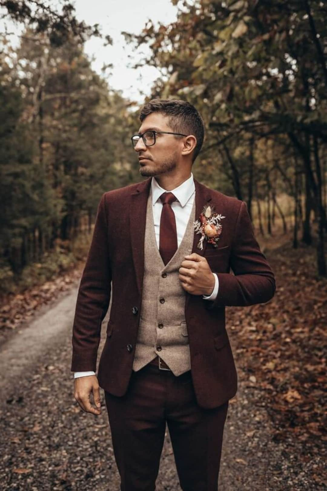 Man Maroon Tweed Suit3 Piece Suit Wedding Dinner Prom Groom - Etsy UK