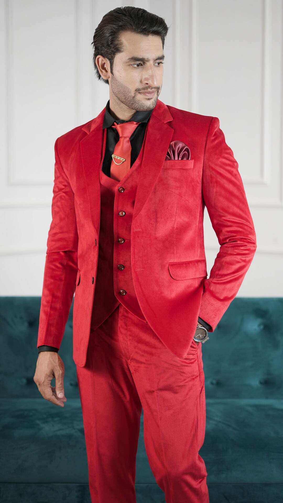 Red Velvet Suit for Men Suit for Groom and Groomsmen Elegant Etsy