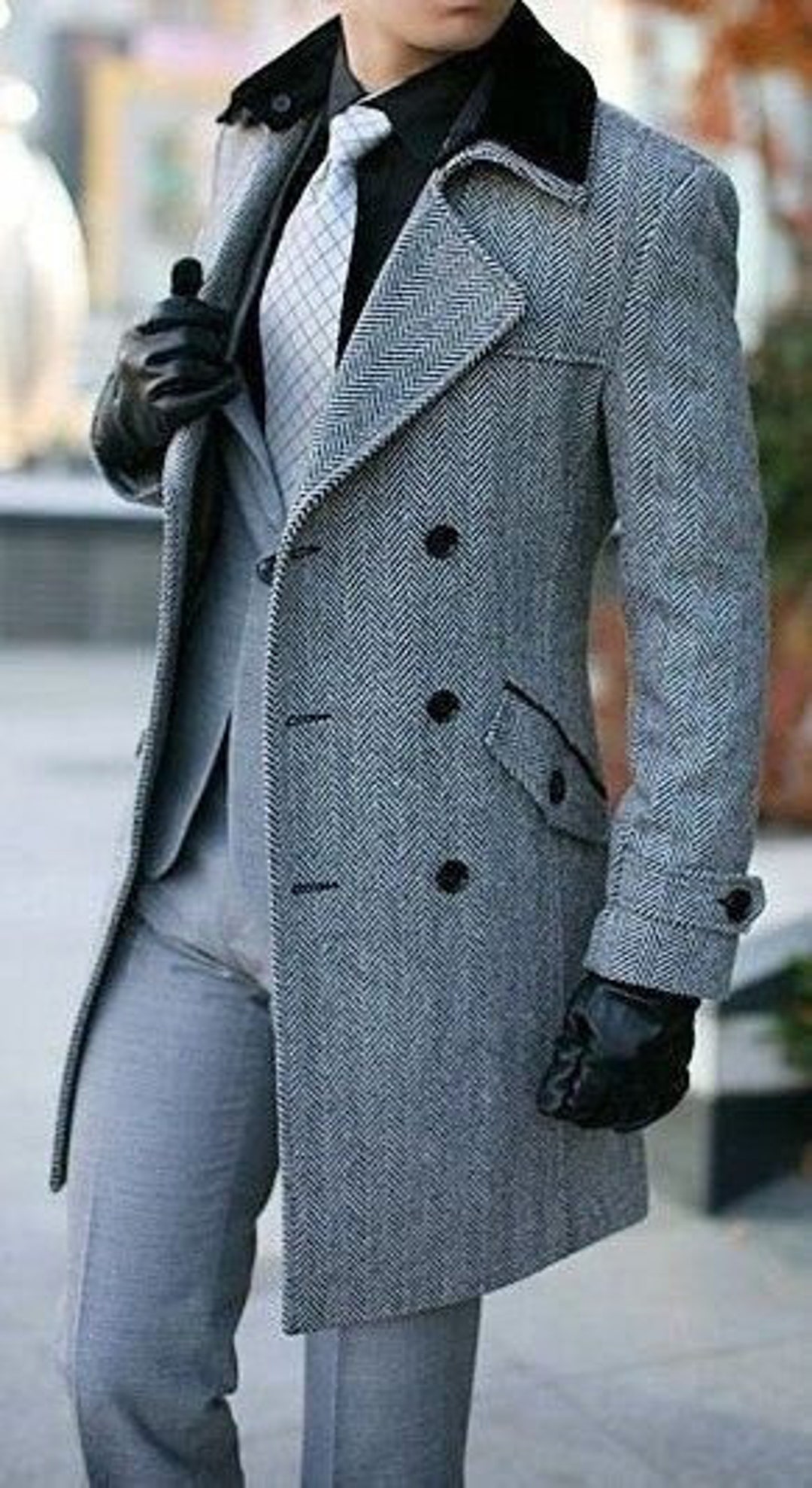 Man Grey Herringbone Overcoat Tweed Overcoattrench Coat Winter Jacket