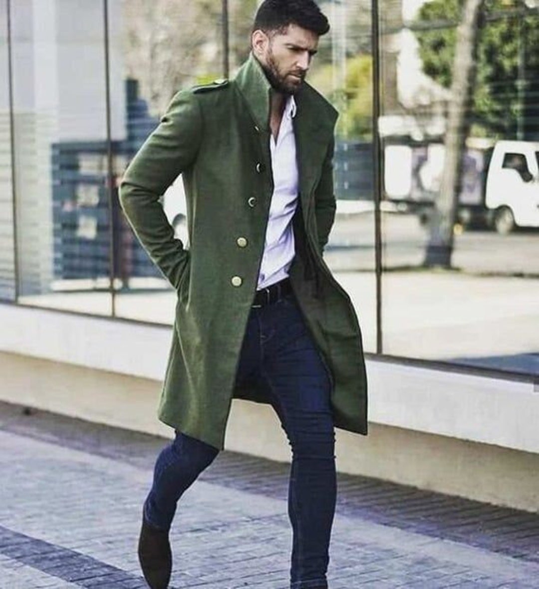 Man Green Long Coat-trench Style Coat-winter Jacket-woolen - Etsy UK