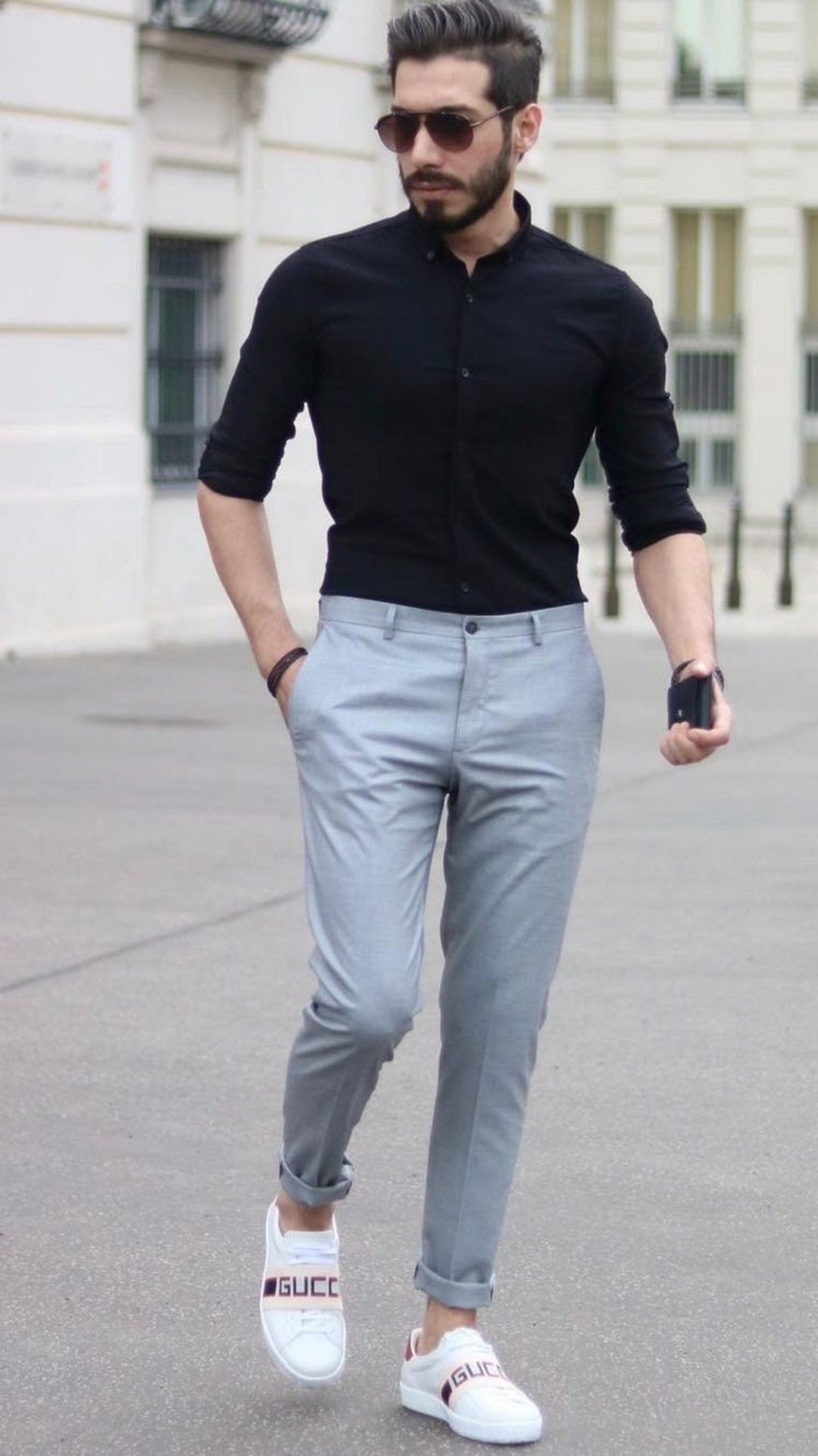 grey formal pants with black shirt