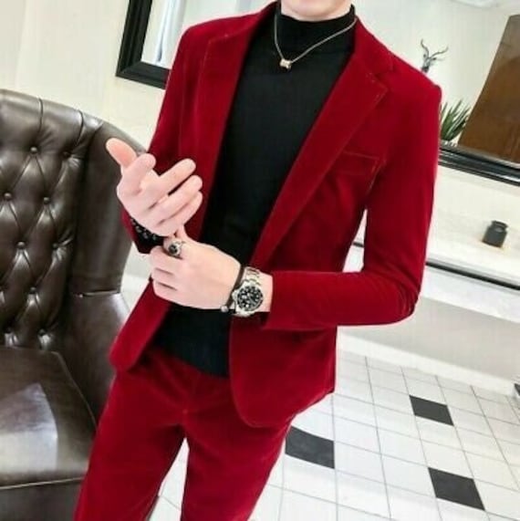 Traje de terciopelo rojo para hombre traje de 2 piezas para Etsy México