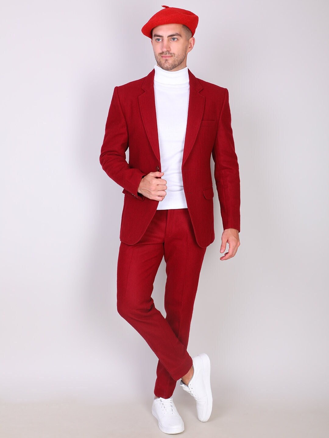 Man Red Tweed Suit 2 Piece Suitwedding Prom Dinner Party Wear Etsy