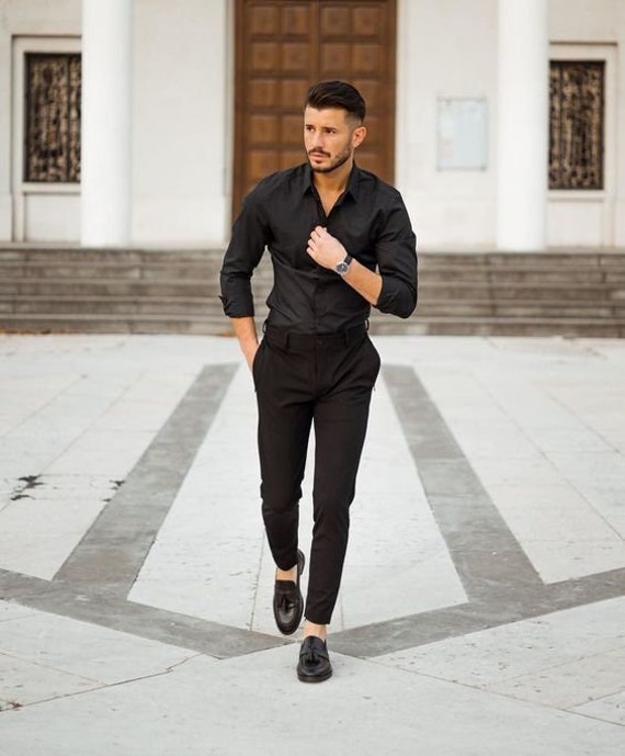 Camisa negra para hombre pantalón negro ropa de - Etsy México