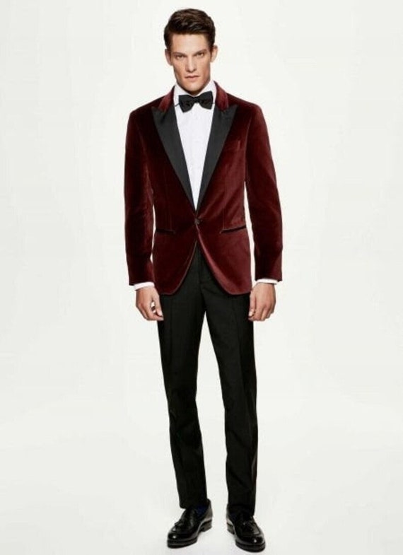Maroon Velvet Blazer for Men Black Lapel Suit for Groom and