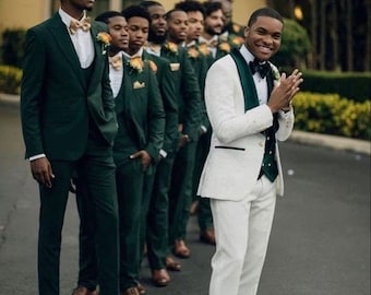 Brand New White paisley Groom Tuxedos Green Velvet Lapel Slim Fit Groomsmen Men's Wedding Dress Excellent green cotton Blazer 3 Piece Suit