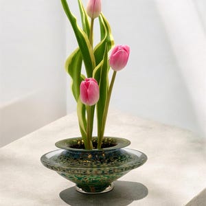 Ikebana Vase Hand Blown Glass Silver Black/Green/Ruby American Made Glass, Cut Flowers,Kenzan,Pin Frogs,Japanese Style Ikebana Vase