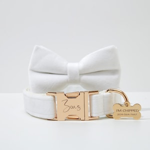 White Velvet Personalized BowTie Collar Set,Custom Puppy Bowtie Collar Set,Engraved Dog Collar For Birthday Gift,Personalize Puppy  Collar