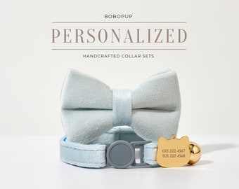 Personalized Breakaway Cat Collar Bell Leash Set For Wedding Gift,Fancy Kitten Collar Bowtie,Engraved Cat Tag Cat Collar For Birthday Gift