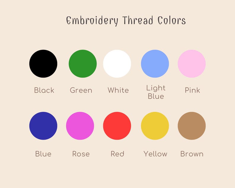 May include: A chart showing 10 different embroidery thread colors. The colors are black, green, white, light blue, pink, blue, rose, red, yellow, and brown.
