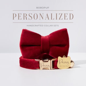 Personalized Cherry Velvet Cat Collar Puppy Collar Bowtie Set For Wedding Gift,Engraved Kitten Name Tag For Free,Handmade Cat Collar Gift