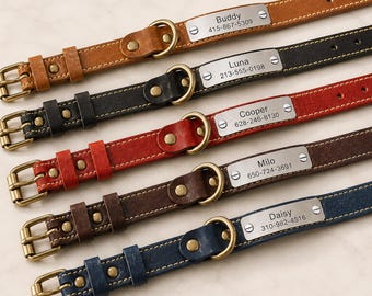Personalized Leather Pet Collar for Dogs and Cats, Custom Engraved Name Plate Pet Gift