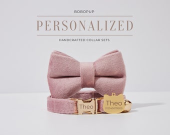 Personalized Dusty Pink Velvet Cat Collar,Kitten Collar Leash Bowtie, Handmade Puppy Collar For Boys And Girls, Fancy Velvet Dog Collar
