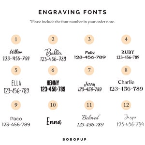 May include: A chart of 12 different fonts with the font name and a sample of the font. The font names are Willow, Bella, Felix, Ruby, Ella, Henny, Jerry, Charlie, Paco, Emma, Beloved, and Jasper. Each font has a number next to it, from 1 to 12.