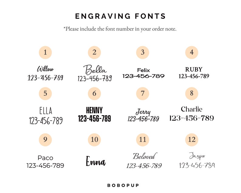 May include: A chart of 12 different fonts with the font name and a sample of the font. The font names are Willow, Bella, Felix, Ruby, Ella, Henny, Jerry, Charlie, Paco, Emma, Beloved, and Jasper. Each font has a number next to it, from 1 to 12.