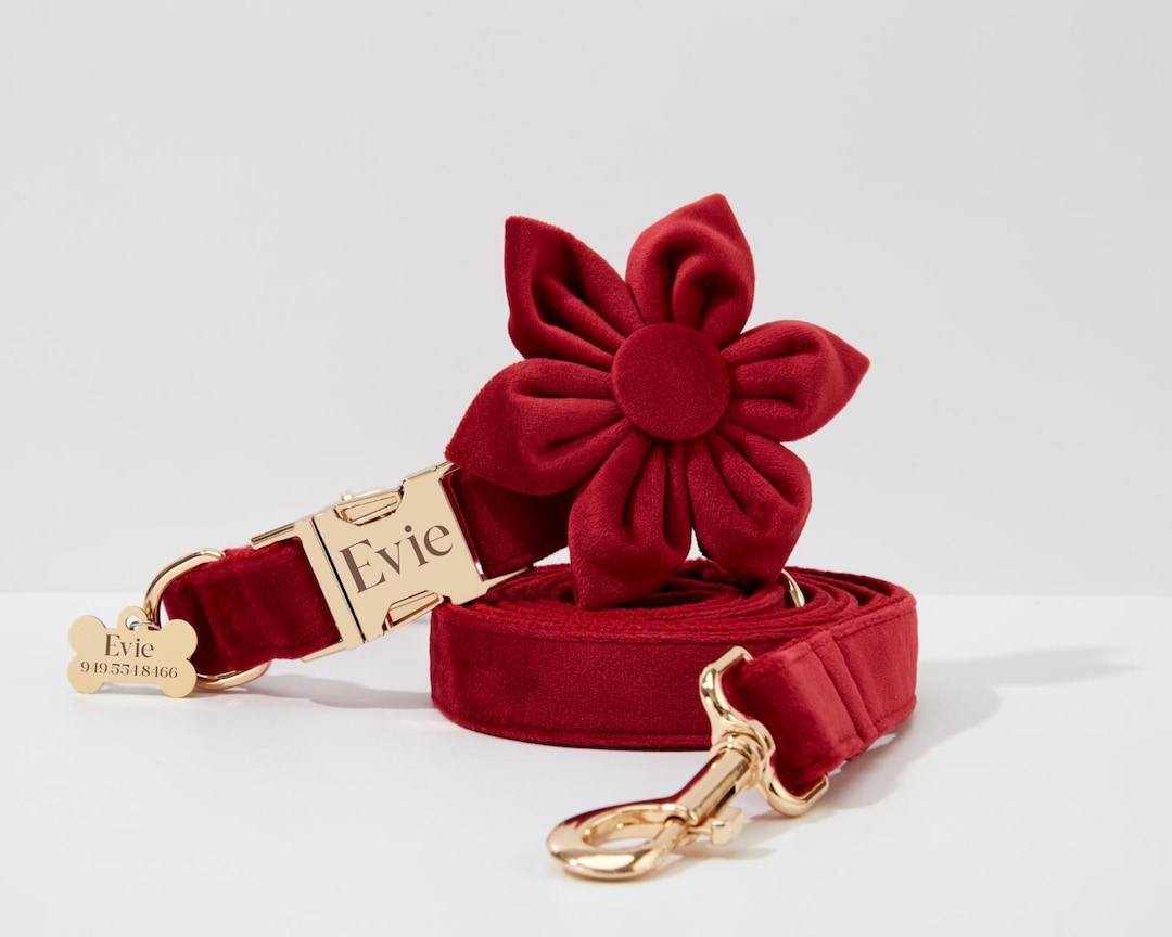 Burgundy Dog Collar With Personalized Name Engraved, Handmade Wedding