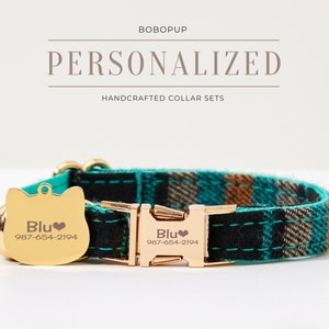 Luxury Check Cat Collar Bowtie Set, Personalized Kitty Collar Bell Leash For New Year Gift,Engraved Pet Tag With Puppy Collar Bow