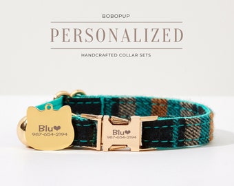 Personalized Check Cat Collar Bowtie Set, Engraved Pet Tag, Bell Leash
