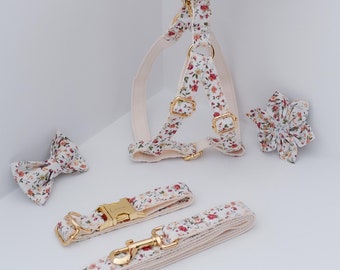 Floral Step in Dog Harness, Dog Collar Leash Harness Set, Floral Dog Harness Leash Set,No Pull Dog Harness Collar Bow Set, Harness Flower
