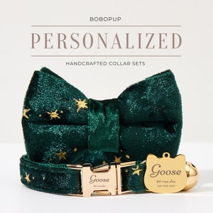 Fancy Green Star Velvet Cat Collar Leash Set, Engraved Kitties Collar Leash,Engraved Gold Cat Tag,Handmade Cat Collar for Puppy Collar