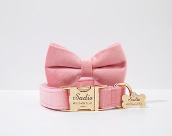 Personalized Flower Dog Collar and Leash Set, Pink Soft Velvet with Free Name Laser Engraving, Custom Puppy Girl and Boy Collar