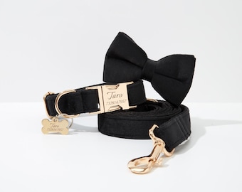Black Velvet Personalized Dog Collar, Bow Tie, Engraved Buckle