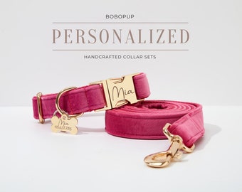 Pink Personalized Dog Collar Flower Set, Custom Dog Collar with Name Engraved Buckle, Wedding Dog Collar and Leash