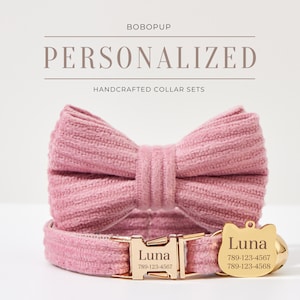 Luxury Pink Corduroy Cat Collar Bowtie Set For Christmas Gift, Personalized Kitty Collar Bell Bowtie Set,Customized Puppy Collar Leash Set