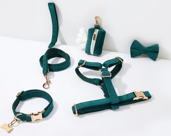 Ensemble de laisse de harnais de chien en velours côtelé vert émeraude fantaisie pour cadeaux de Noël, ensemble de collier de laisse de harnais de chiot personnalisé pour cadeau de mariage, étiquette de chien