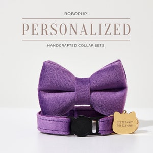 Breakaway Cat Collar Bowtie Set, Luxurious Kitten Collar Leash,Handmade Cat Collar Bell in Velvet Material, Personalized Cat Collar Cat Tag