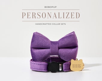 Breakaway Cat Collar Bowtie Set, Luxurious Kitten Collar Leash,Handmade Cat Collar Bell in Velvet Material, Personalized Cat Collar Cat Tag