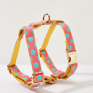 May include: A pink and yellow dog harness with blue polka dots and gold hardware.