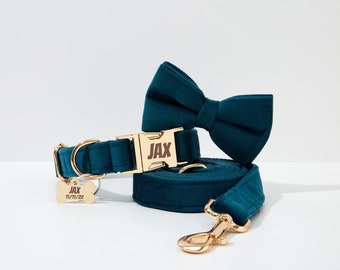 Teal Blue Velvet Personalize Dog Collar Leash Flower Bow for Small Medium Large Pet,Custom Puppy Collar Leash Flower For Wedding Puppy Gift