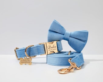 Personalize Blue Velvet Dog Collar Leash Bow Set, Custom Puppy Collar Leash Set For Puppy Birthday Gift,Fancy Dog Collar Bow For Boy