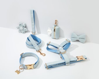 Baby Blue Velvet Personalized Harness With Gold Hardware,Fancy Velvet Harness Dog Collar and Leash Set for Large Small Puppy, Free Shipping