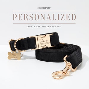 Black Personalized Dog Collar with Name, Thick Velvet Collar Bow for Boy Dog, Elegant Pet Dog Collar, Wedding Dog Collar and Lead Sale in UK
