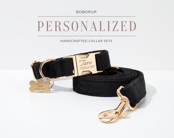 Schwarzes personalisiertes Hundehalsband mit Namen, dickes Samthalsband für Jungenhund, elegantes Haustierhundehalsband, Hochzeitshundehalsband und Blei