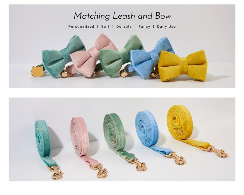 May include: Five matching dog leashes and bow ties in different colors: green, pink, light blue, and yellow. The leashes are made of a soft, velvety material and have a gold-colored clasp. The bow ties are also made of velvet and have a small bell attached.