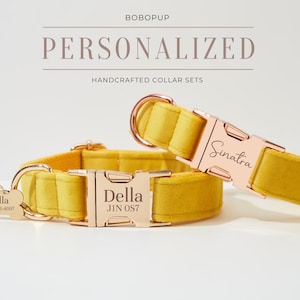 Personalized Bow tie Dog Collar and Leash Set, Luxury Yellow Velvet Collar, Custom Puppy Name Engraved Collar on Metal Buckle image 4