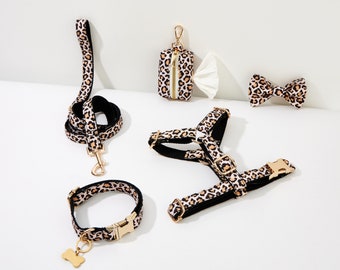 Schwarz Leopard Print Hundegeschirr Leinen Set, ausgefallene Welpen Harness Kragen Leine Set für Weihnachtsgeschenk, handgemachte Hundehalsband Bogen Set für Geburtstag