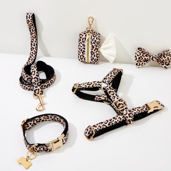 Zwarte Luipaard Print Hondentuig Leiband Set,Fancy Puppy Harnas Halsband Leiband Set Voor Kerstcadeau,Handgemaakte Halsband Boog Set Voor Verjaardag