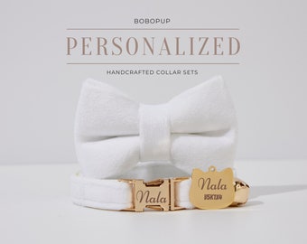 White Velvet Personalized Cat Collar Bow Lead Set,Small Dog Collar For Kitten Gift,Puppy Name Tag Cat Name Tag with Cat Collar,Wedding Gift