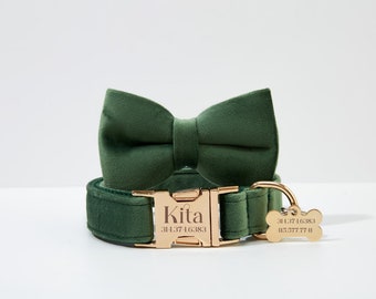 Pine Green Dog Collar Personalized with Name, Thick Velvet Wedding Dog Bow tie Collar and Leash, Custom Puppy Dog Collar Set