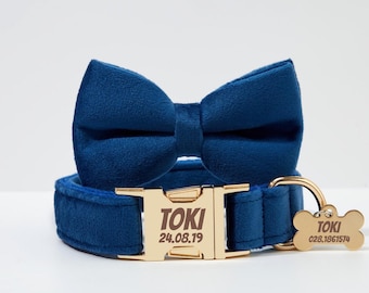 Personalized Navy Velvet Dog Collar Leash Set For Birthday Gift,Engraved Dog Collar With Name Tag Gift For Him,Dog Collar For Wedding Gift