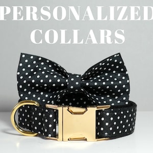 May include: Black and white polka dot dog collar with a matching bow tie. The collar has a gold buckle and a D-ring.  "PERSONALIZED COLLARS" is written in white text on a gray background.