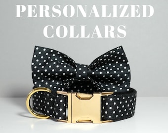 Black Polka Dot Dog Collar, Custom Engraved Metal Buckle