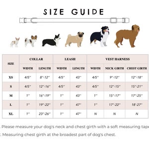 May include: A size guide for dog collars, leashes, and vest harnesses. The guide includes measurements for width, length, neck girth, and chest girth in inches. The guide also features illustrations of various dog breeds and instructions for measuring your dog.